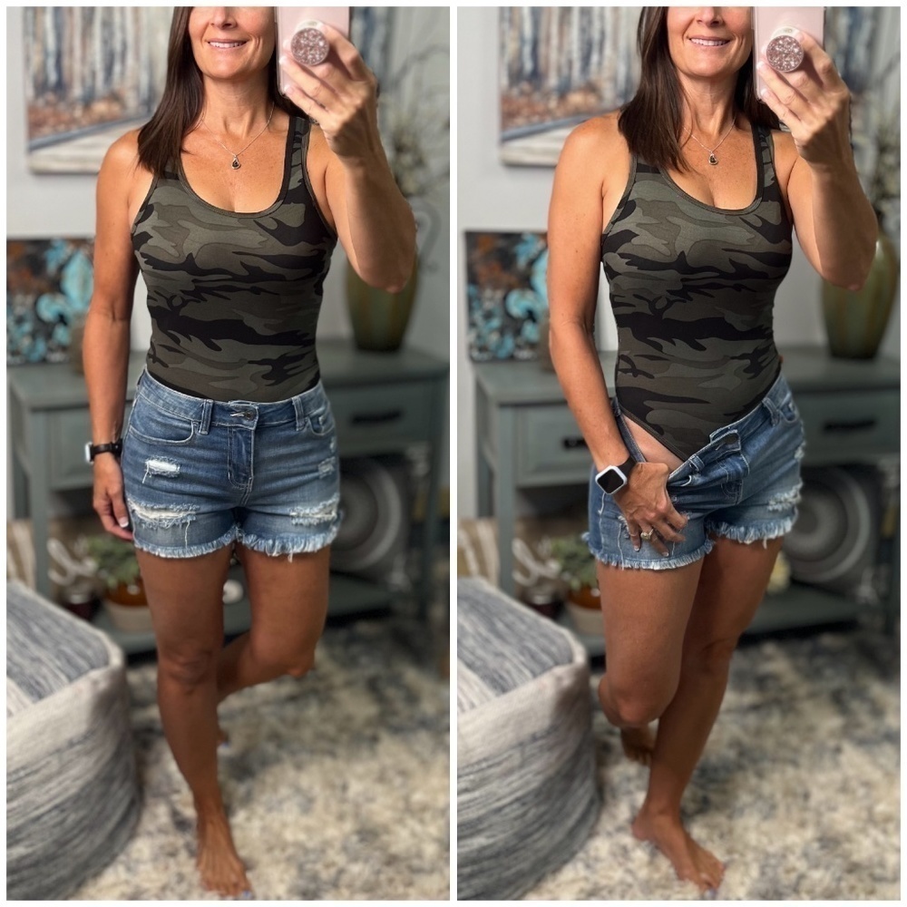 Camouflage Basic Sleeveless Racerback Scoop Neck Bodysuit Tank Dark Green 0323